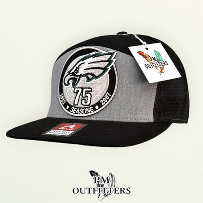 PM Outfitters Philadelphia Eagles 75th Anniversary embroidered patch Richardson 168 black gray trucker hat
