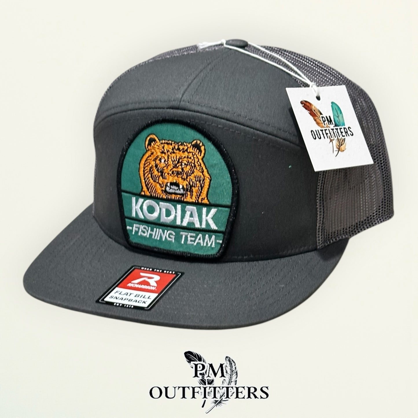 Kodiak Fishing Team Flat Bill Hat – PM Outfitters Retro Patch | Richardson 168 Charcoal Tobacco & Outdoor Heritage