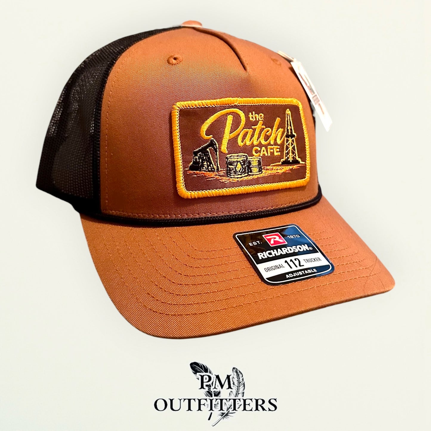 The Patch Cafe Oilfield Trucker Hat | Richardson 112 Rope | Caramel Black | Landman Hat