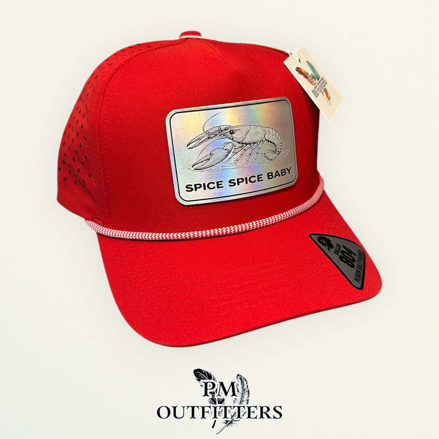 Spice Spice Baby Crawfish Hat | PM Outfitters Exclusive Holographic Laser Patch | Dallas 804 Red Waterproof Rope Hat