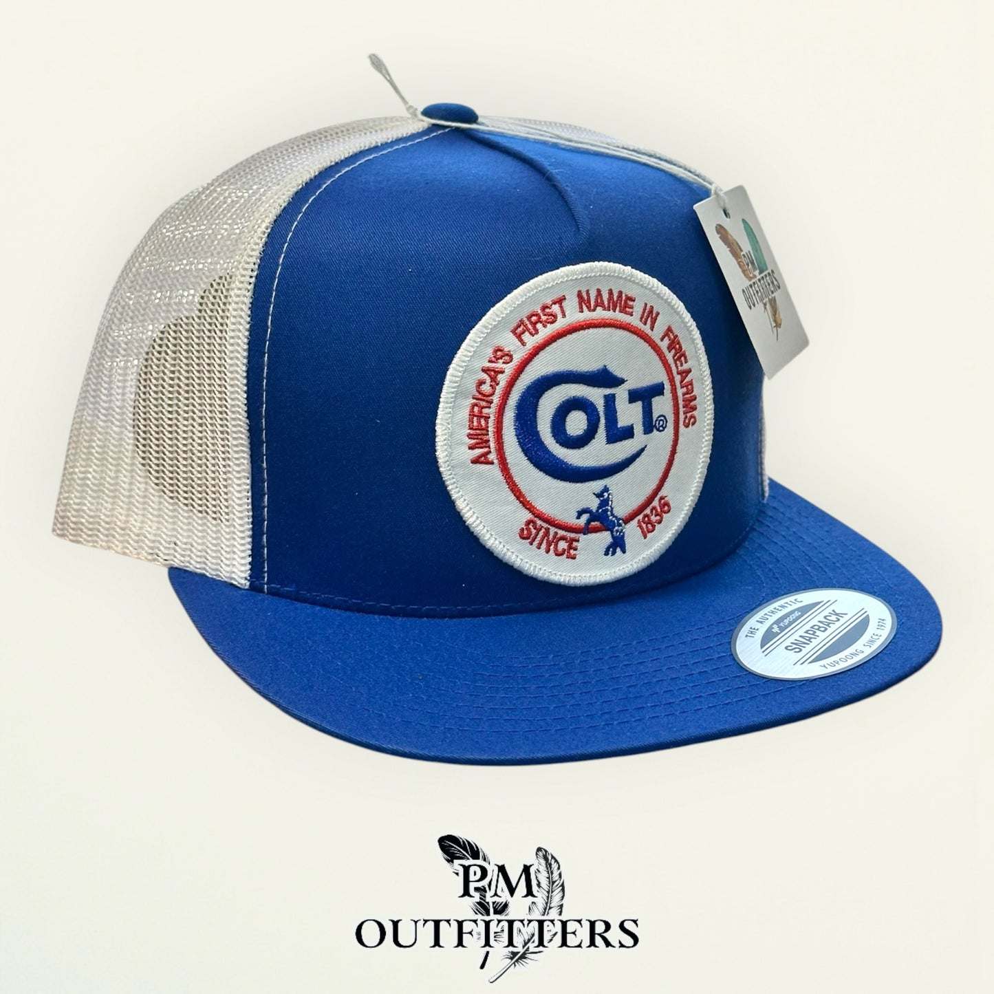 Colt Firearms Hat | Yupoong 6006 Blue & White Flatbill | Since 1836