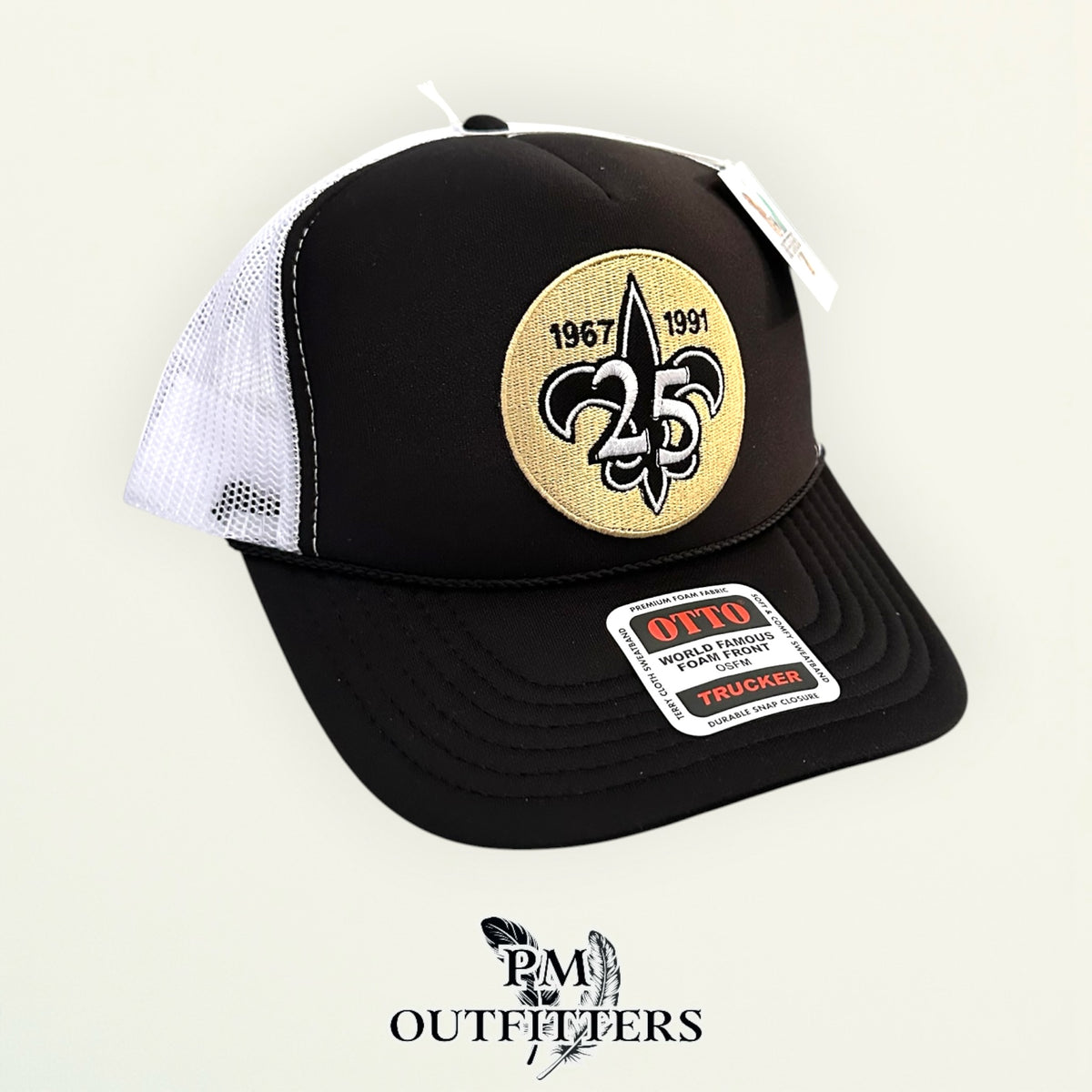 PM Outfitters New Orleans Saints 25th Anniversary embroidered patch Otto foam front rope black white trucker hat