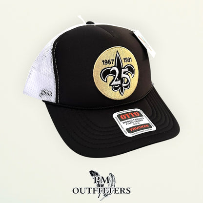 PM Outfitters New Orleans Saints 25th Anniversary embroidered patch Otto foam front rope black white trucker hat