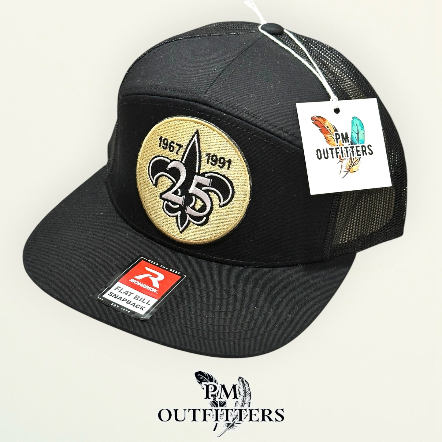 New Orleans Saints 25th Anniversary Flat Bill Hat | PM Outfitters Richardson 168 All Black | Who Dat Fan Gear