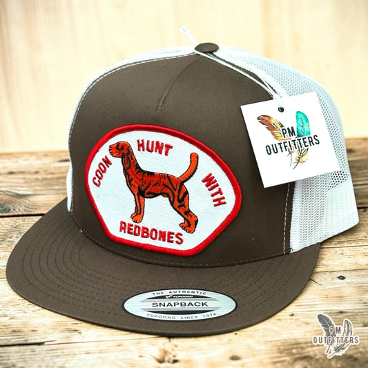 PM Outfitters Coon Hunt With Redbones trucker hat brown white YP Classics 6006 embroidered patch