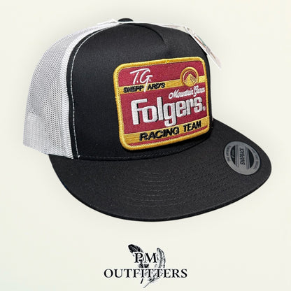 TG Sheppard Folgers Racing Team Trucker Hat - PM Outfitters | Yupoong 6006 Black White Flatbill NASCAR