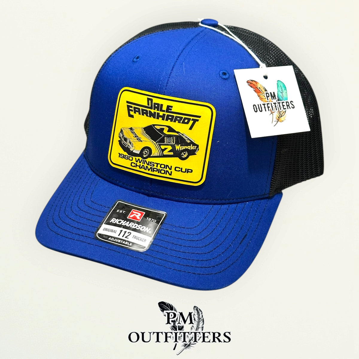 PM Outfitters hang tag Dale Earnhardt 1980 blue black trucker hat
