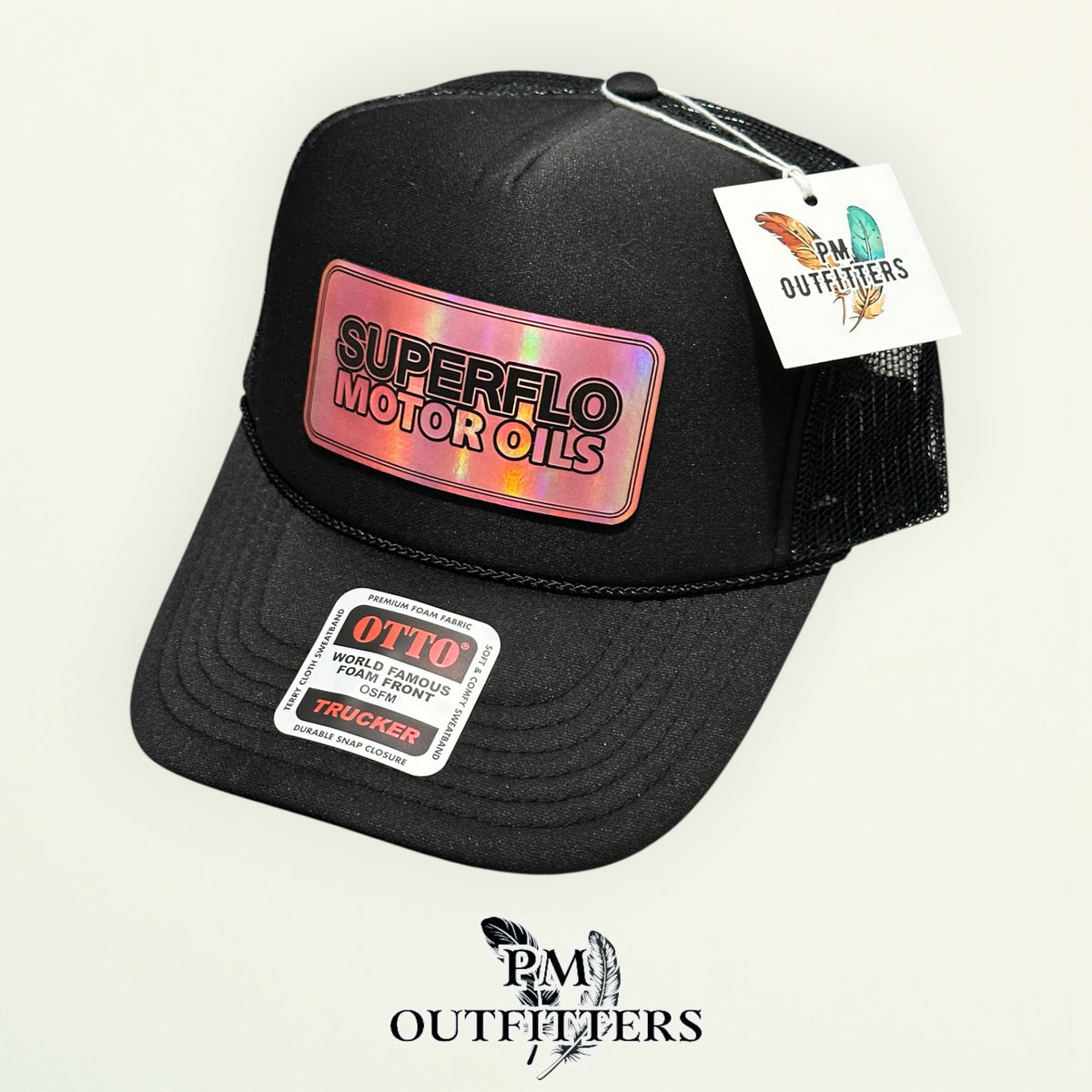 PM Outfitters hang tag Superflo Motor Oils black trucker hat