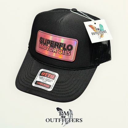 PM Outfitters hang tag Superflo Motor Oils black trucker hat