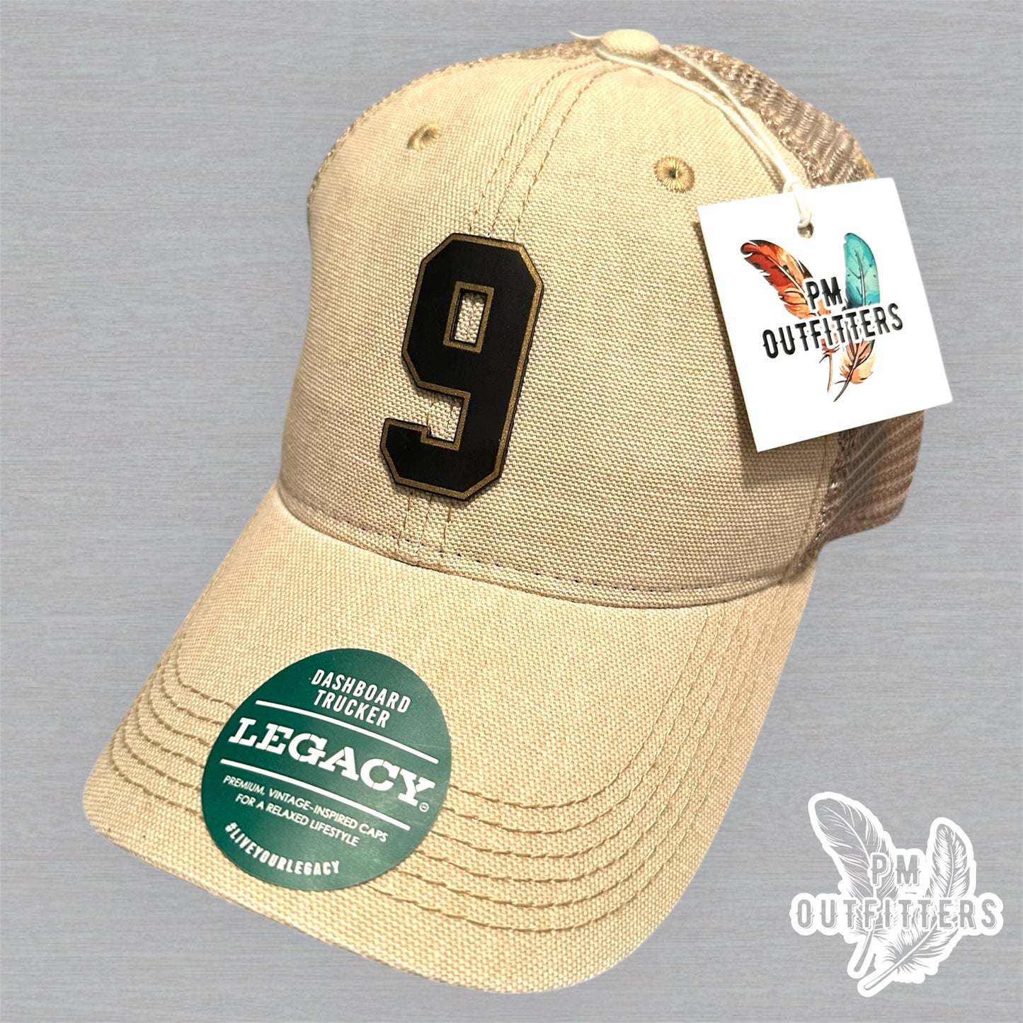 Drew Brees #9 Hall of Fame Hat - PM Outfitters Laser Engraved | Legacy Trucker Tan Saints