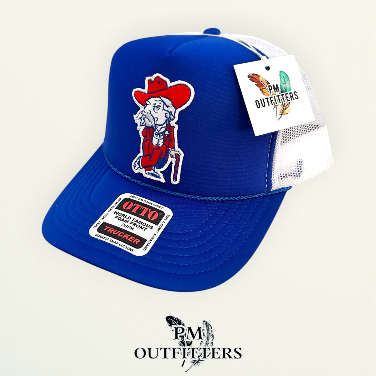 PM Outfitters Ole Miss Colonel Reb retro mascot patch Otto foam front rope royal blue white trucker hat