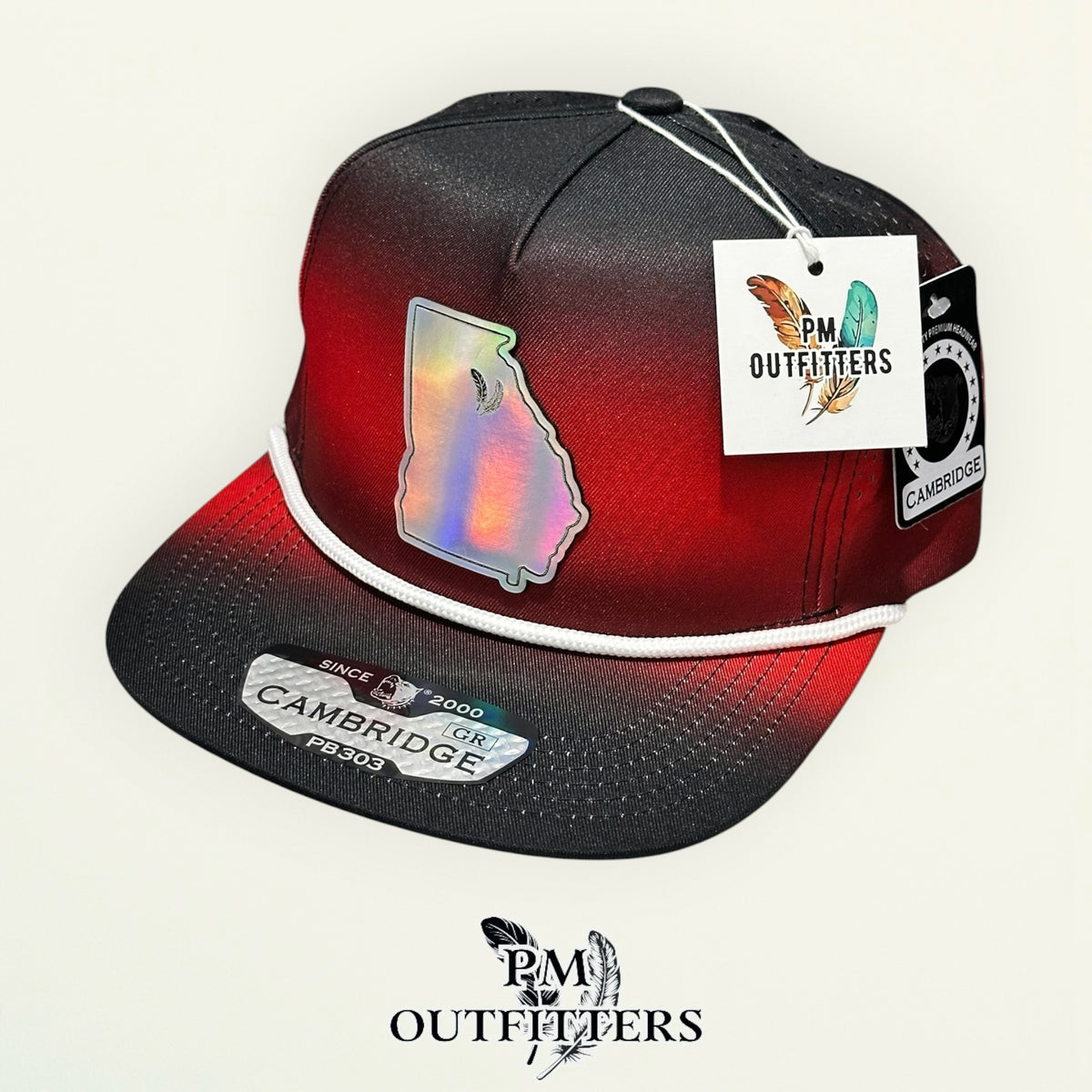 PM Outfitters Georgia Bulldogs holographic vegan leather state outline patch Pitbull Cambridge PB303 gradient black red trucker hat
