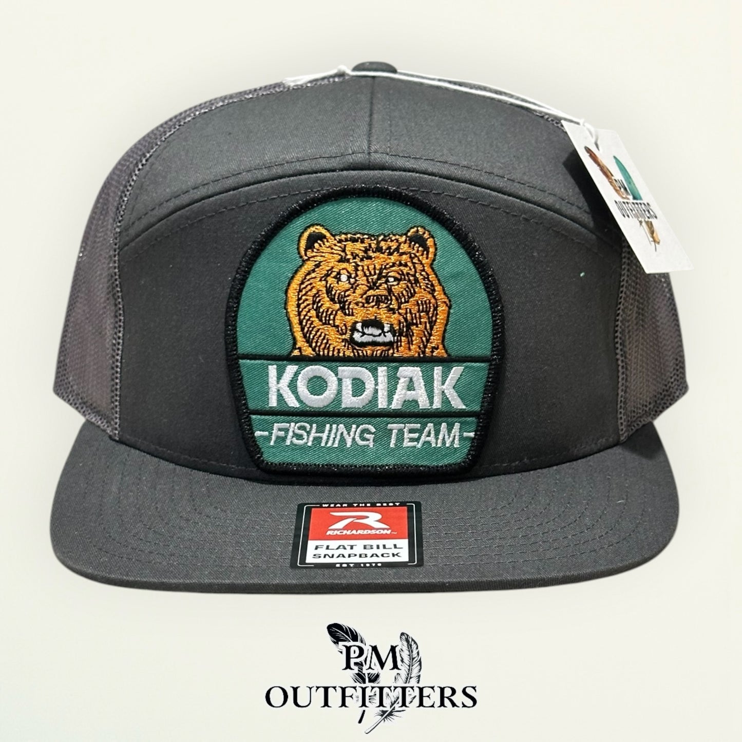 Kodiak Fishing Team Flat Bill Hat – PM Outfitters Retro Patch | Richardson 168 Charcoal Tobacco & Outdoor Heritage