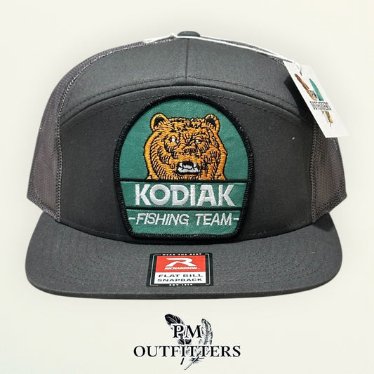 Kodiak Fishing Team Flat Bill Hat – PM Outfitters Retro Patch | Richardson 168 Charcoal Tobacco & Outdoor Heritage