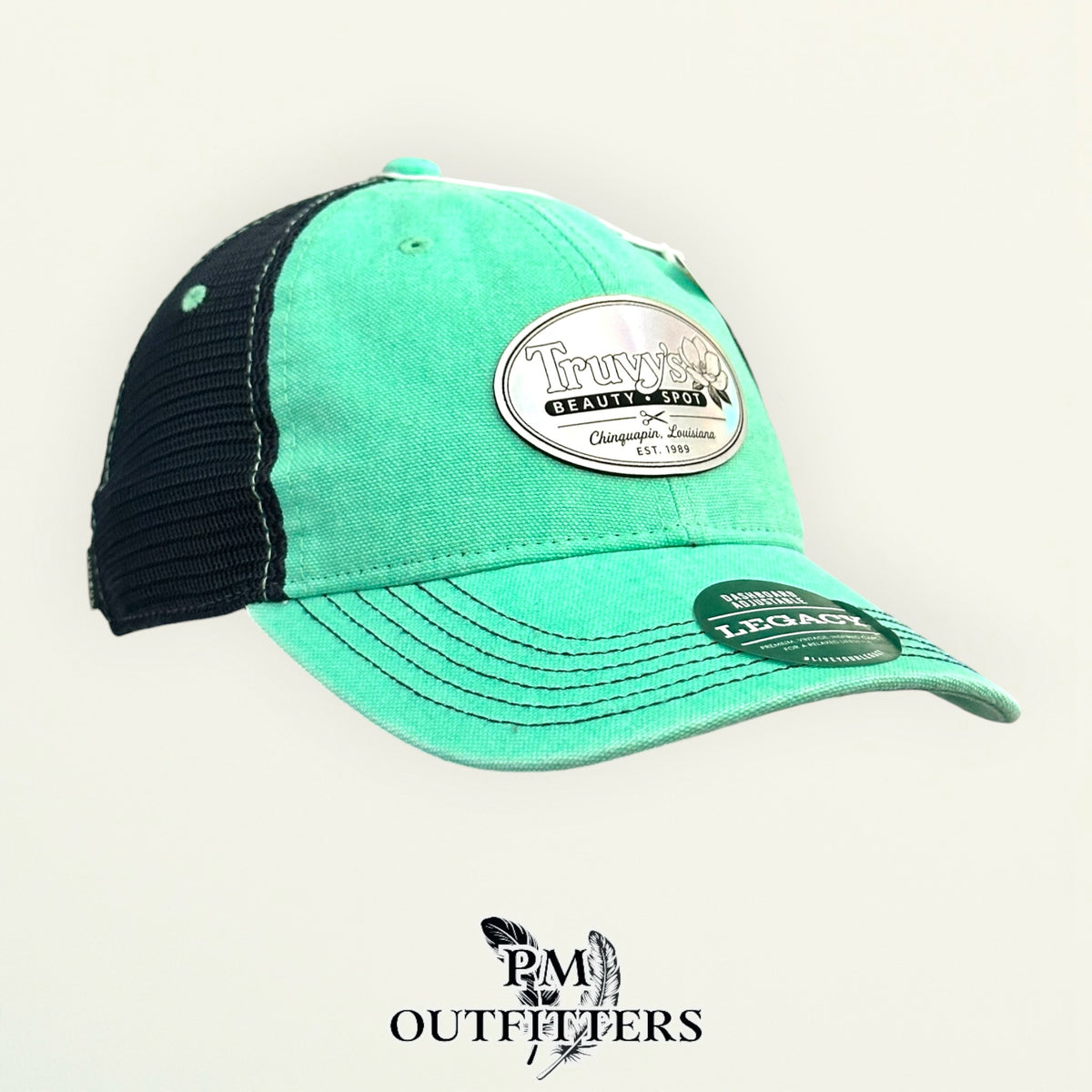 Truvy's Beauty Spot trucker hat mint navy Steel Magnolias holographic patch close angle