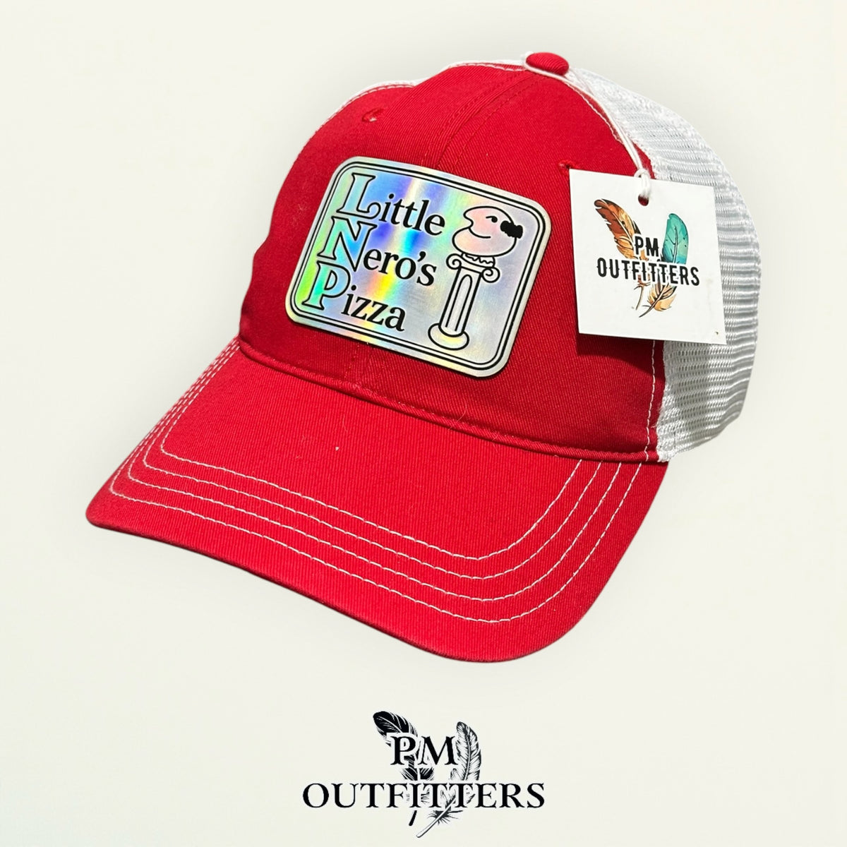 PM Outfitters hang tag Little Nero's Pizza red white trucker hat