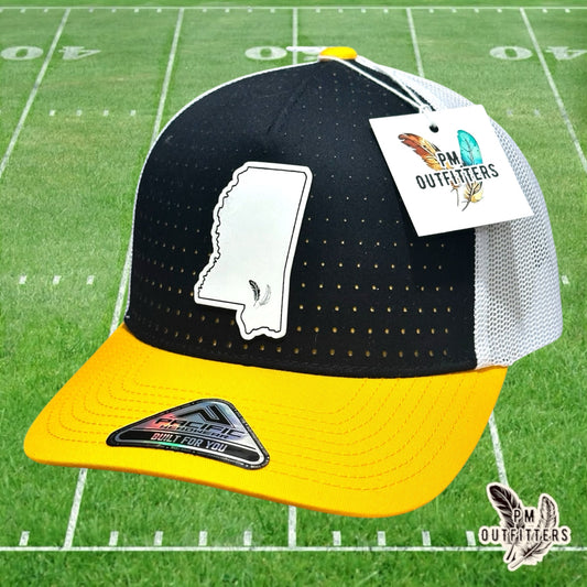 Southern Miss Tailgate Season white vegan leather state outline patch on black gold and white Pacific Headwear 105P trucker hat