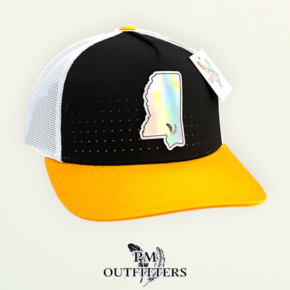PM Outfitters Southern Miss Tailgate Season holographic vegan leather Mississippi state outline patch trucker hat Hattiesburg two-feather logo black gold