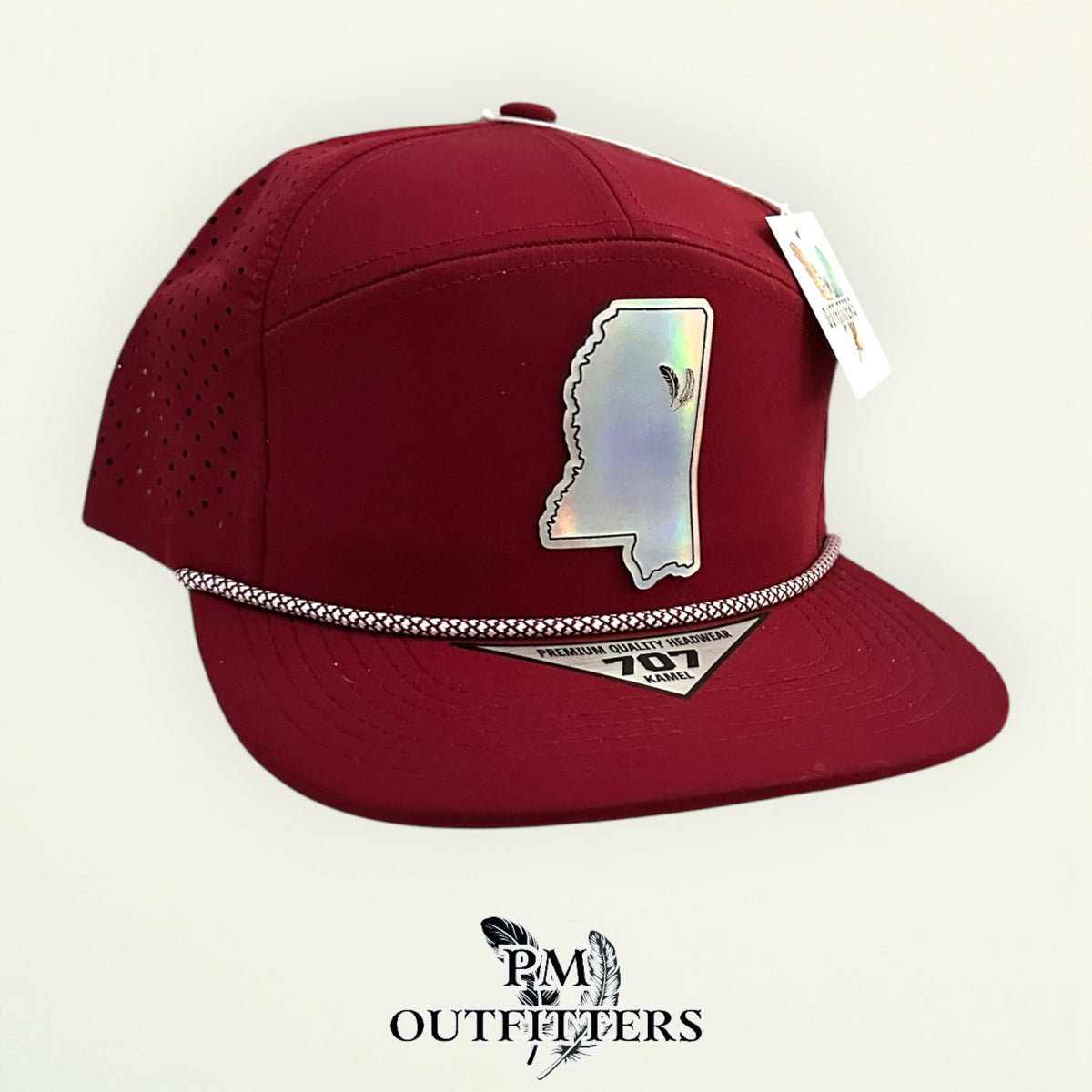 PM Outfitters Mississippi State Tailgate Season holographic vegan leather Mississippi state outline patch trucker hat Starkville two-feather logo maroon white