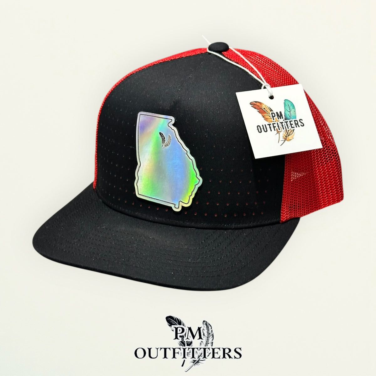 PM Outfitters Georgia Bulldogs holographic vegan leather state outline patch Pacific Headwear 105P black red trucker hat