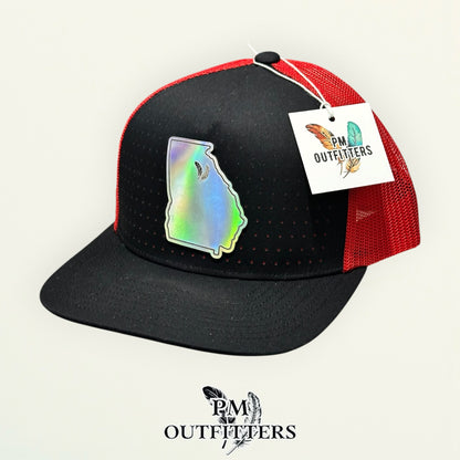 PM Outfitters Georgia Bulldogs holographic vegan leather state outline patch Pacific Headwear 105P black red trucker hat