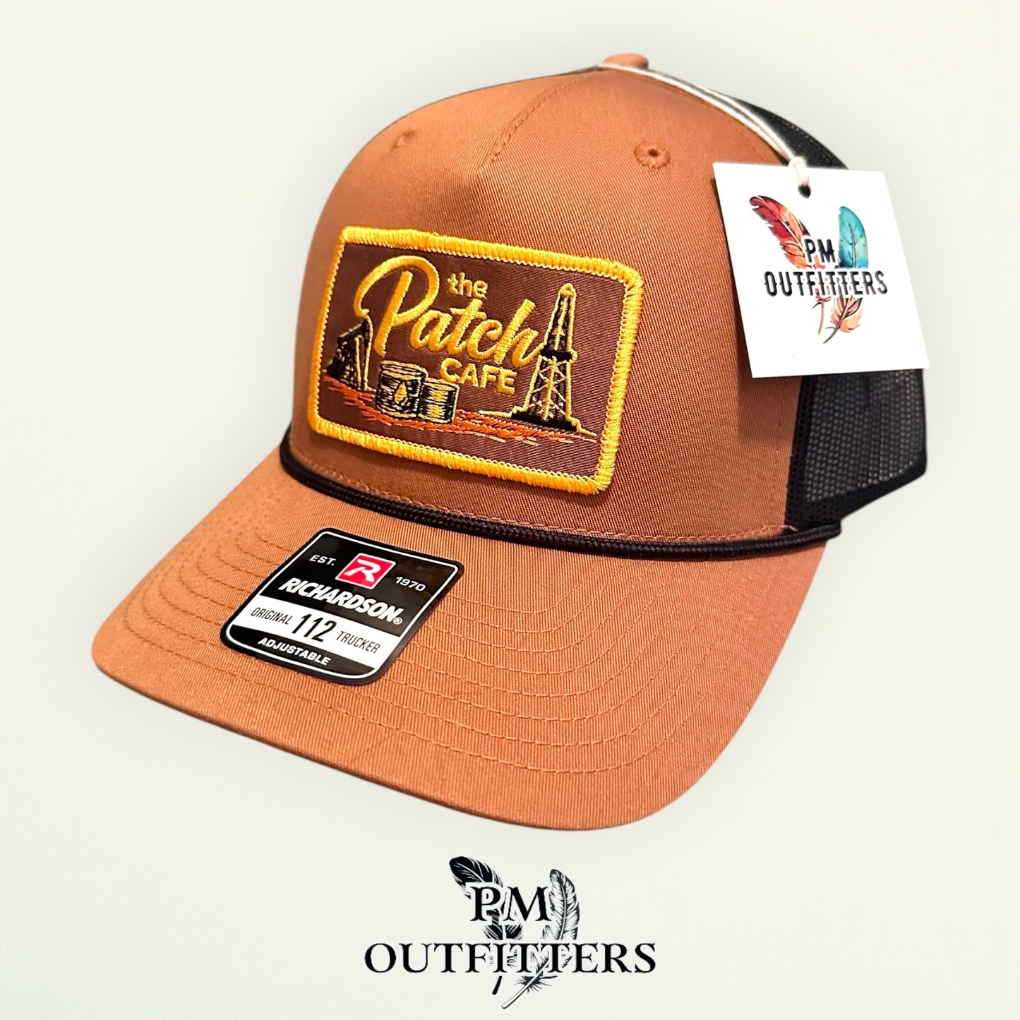 The Patch Cafe Oilfield Trucker Hat | Richardson 112 Rope | Caramel Black | Landman Hat