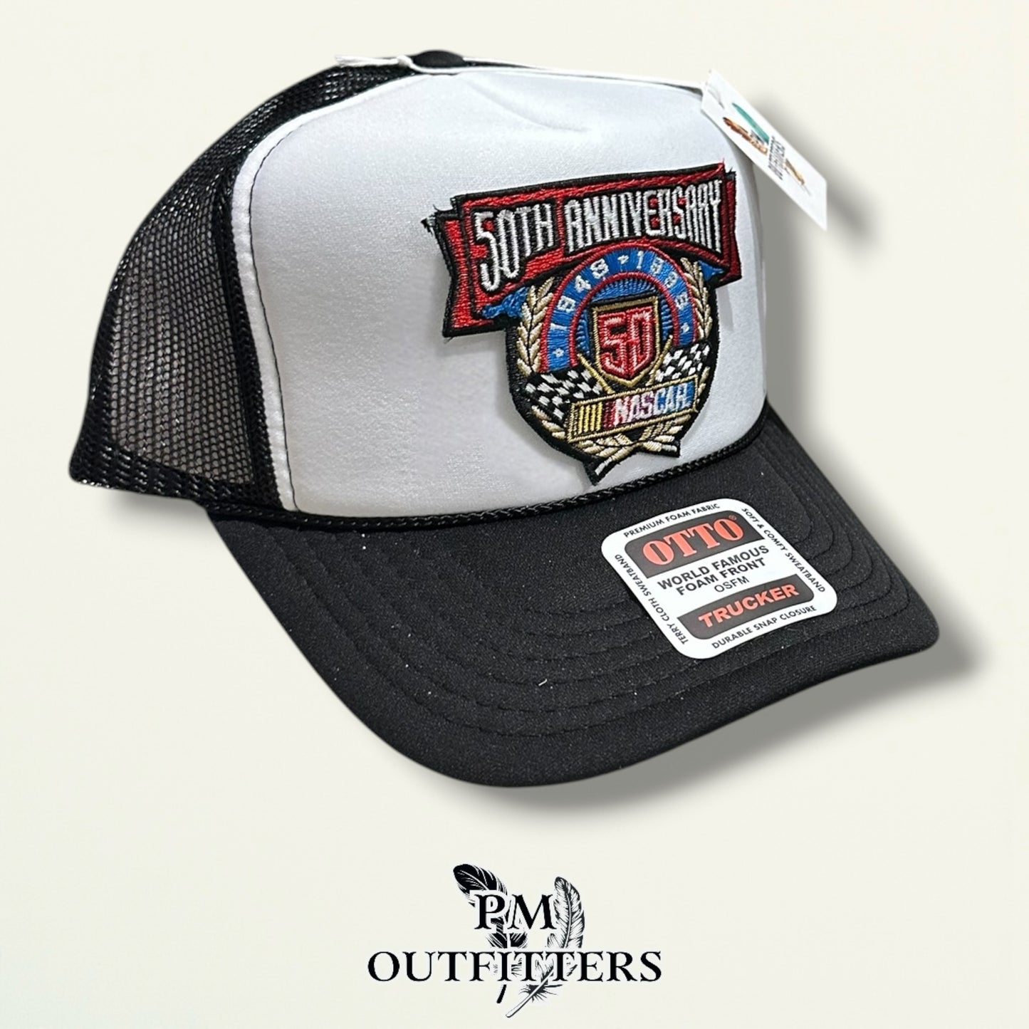 NASCAR 50th Anniversary Trucker Hat – PM Outfitters True Vintage Patch | Otto Foam Rope Black & White