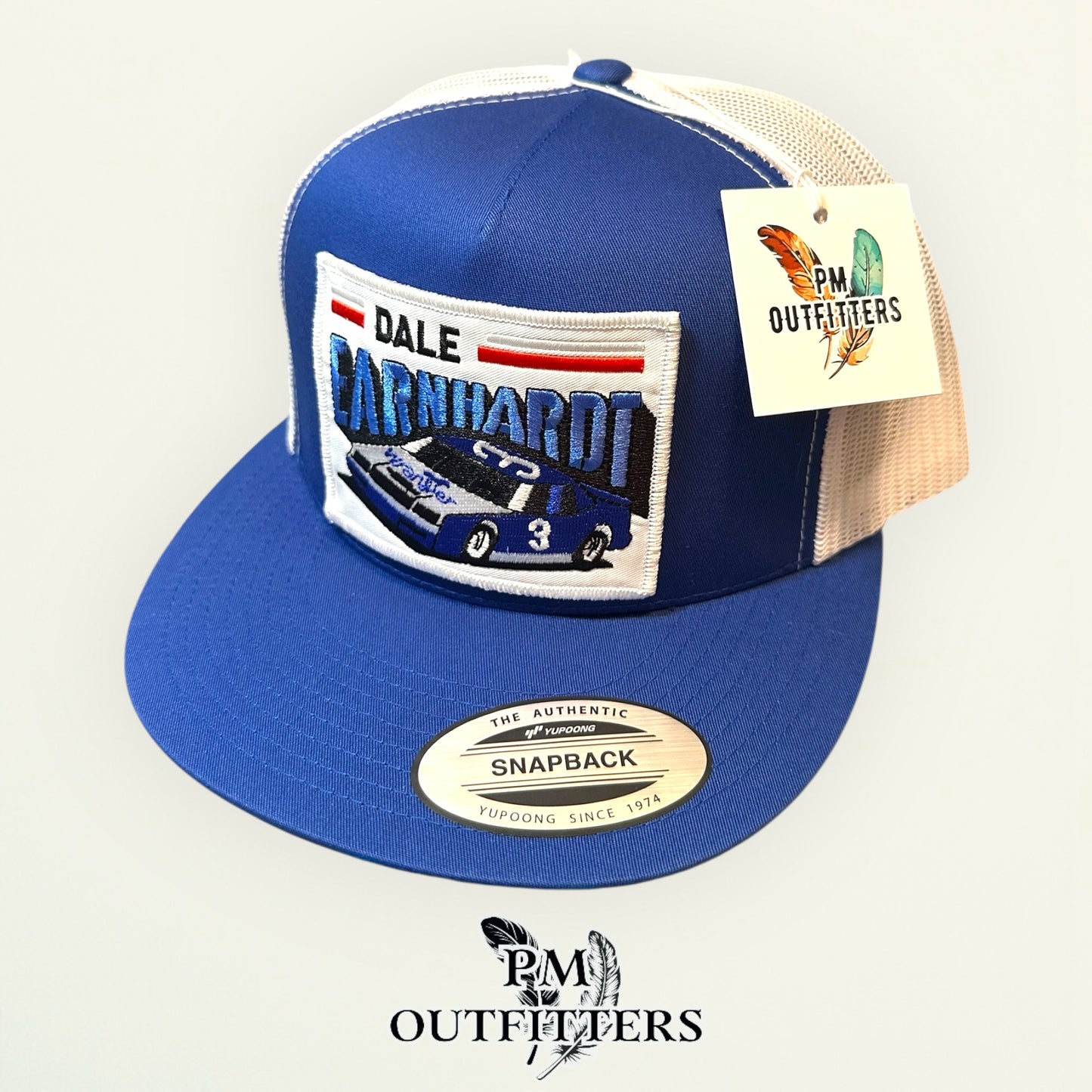 Dale Earnhardt Wrangler #3 NASCAR Trucker Hat — PM Outfitters Retro Patch | Yupoong Flat Bill Blue White Intimidator Heritage