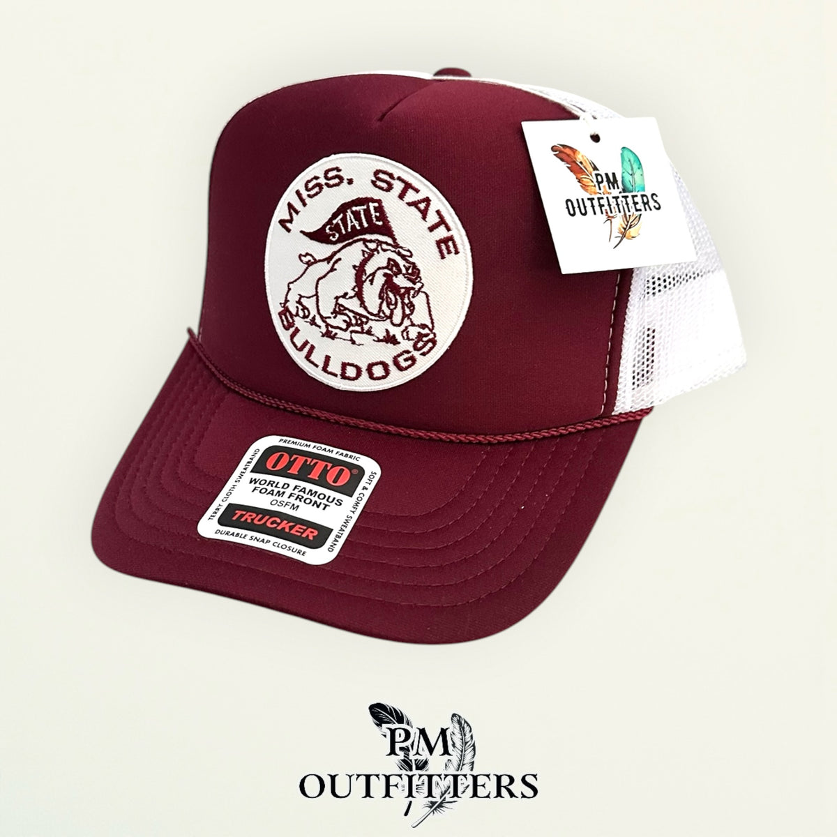 PM Outfitters Mississippi State Bulldogs retro circular patch Otto foam front rope maroon white trucker hat