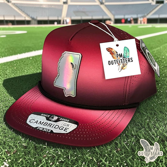 PM Outfitters Mississippi State Tailgate Season holographic vegan leather Mississippi state outline patch trucker hat Starkville two-feather logo maroon black gradient
