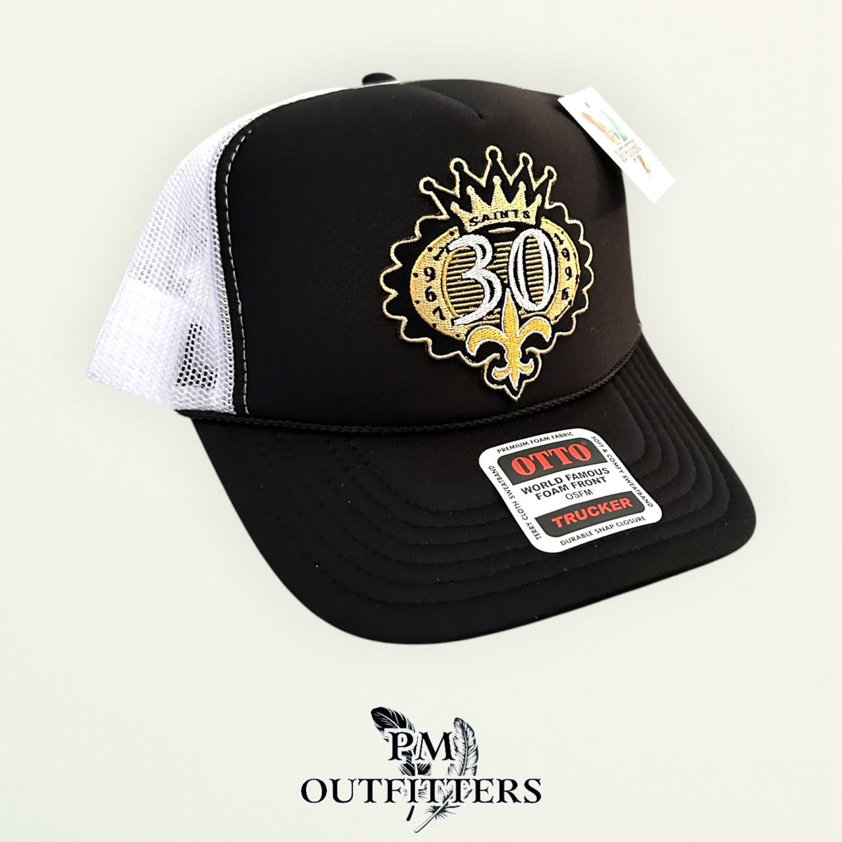 PM Outfitters New Orleans Saints 30th Anniversary embroidered patch Otto foam front rope black white trucker hat