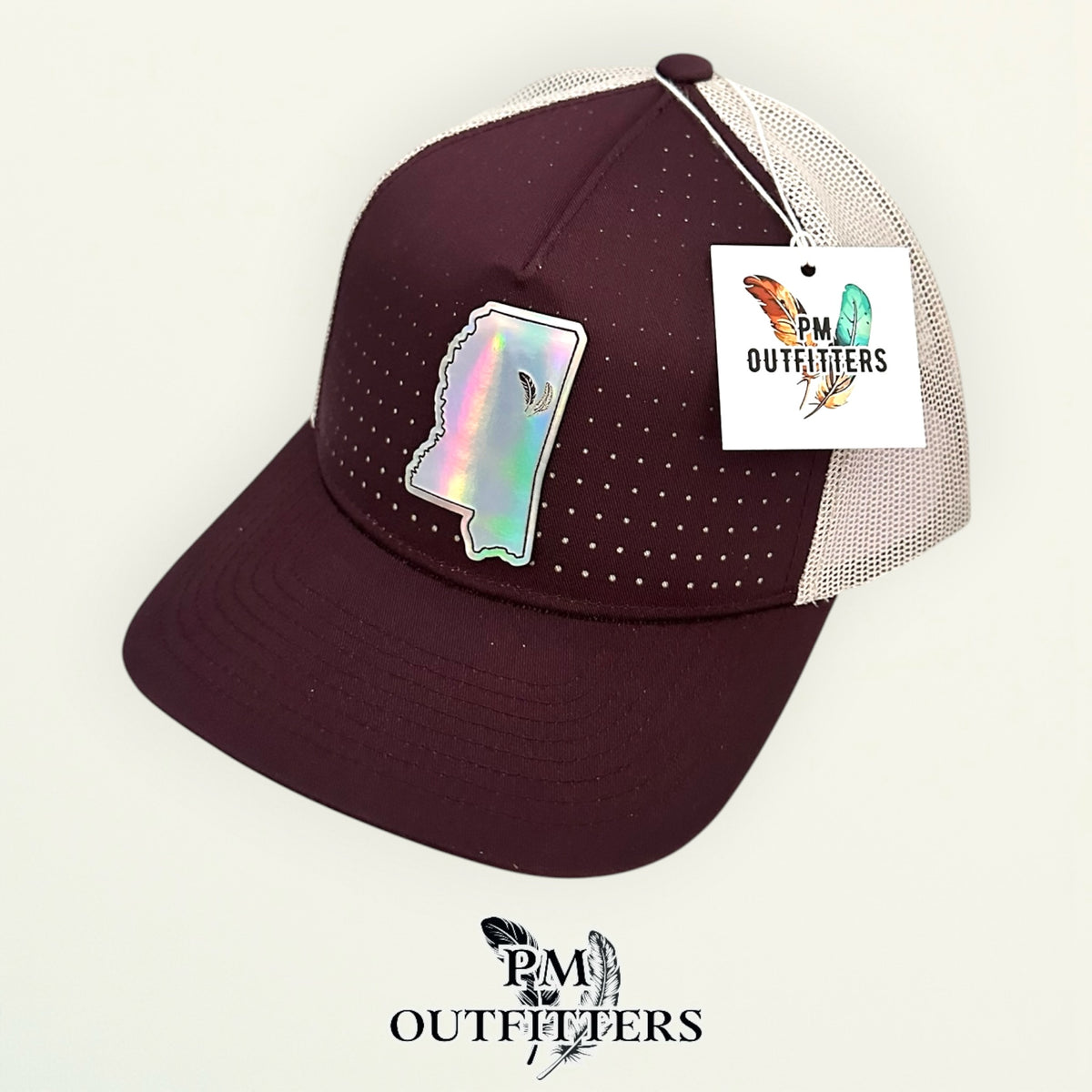 PM Outfitters Mississippi State Tailgate Season holographic vegan leather Mississippi state outline patch trucker hat Starkville two-feather logo maroon white