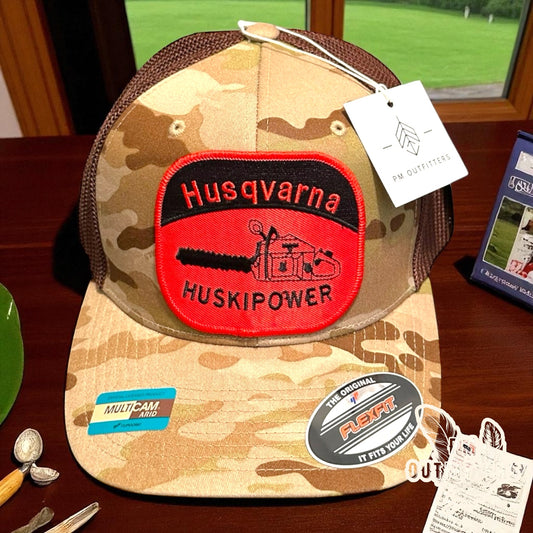 Retro Husqvarna Chainsaw FlexFit Camo Trucker Hat