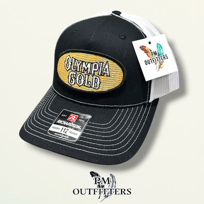 Olympia Gold Trucker Hat – PM Outfitters True Vintage Patch | Richardson 112 Black & White Brewery Heritage