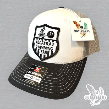 Vintage Alcatraz Swimming Team Patch Trucker Hat - Richardson 112 White, Black & Gray
