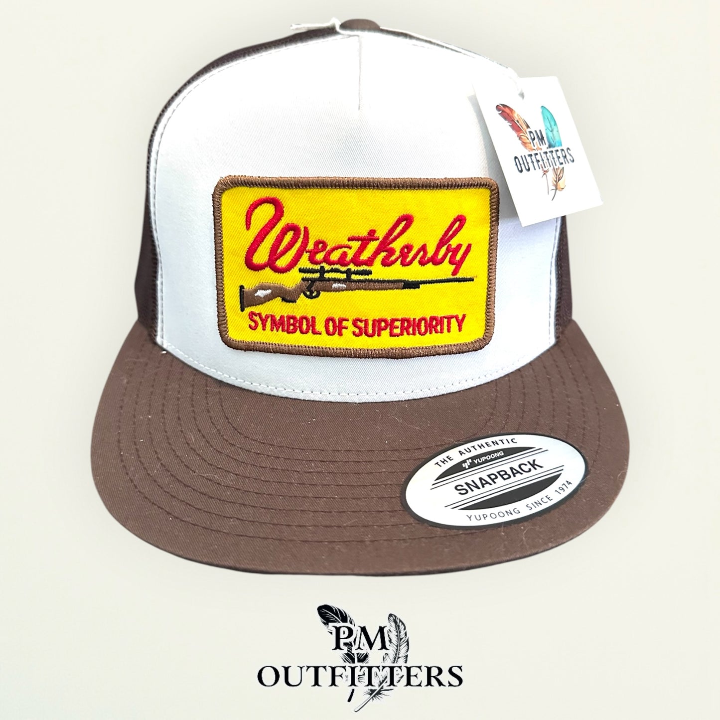 Weatherby Symbol of Superiority Trucker Hat — PM Outfitters Retro Patch | YP Classics Flat Bill White Brown Hunting Heritage