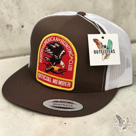 PM Outfitters vintage North American Hunting Club official member authentic vintage patch Yupoong 6006 brown white