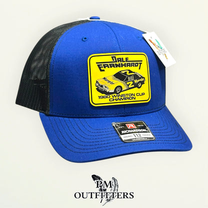 Dale Earnhardt 1980 trucker hat profile view blue front black brim