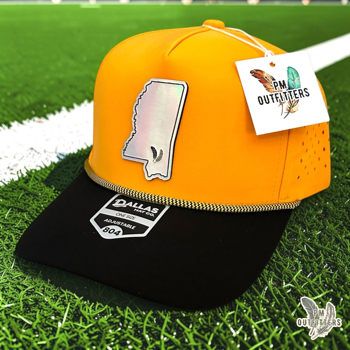PM Outfitters Southern Miss Tailgate Season holographic vegan leather Mississippi state outline patch trucker hat Hattiesburg two-feather logo black gold