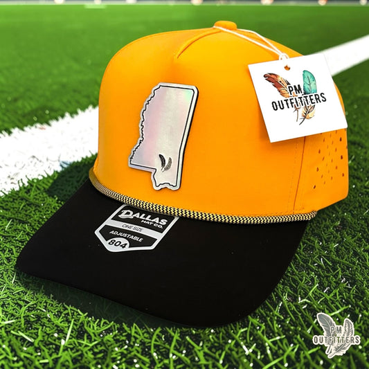 PM Outfitters Southern Miss Tailgate Season holographic vegan leather Mississippi state outline patch trucker hat Hattiesburg two-feather logo black gold