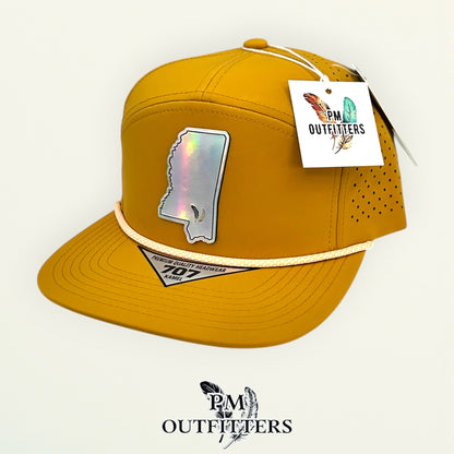 PM Outfitters Southern Miss Tailgate Season holographic vegan leather Mississippi state outline patch trucker hat Hattiesburg two-feather logo black mustard gold