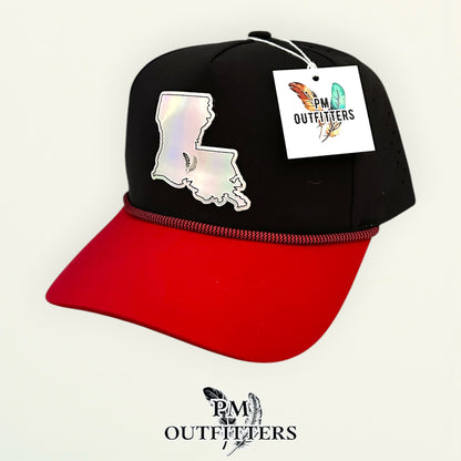 PM Outfitters Louisiana Lafayette Tailgate Season holographic vegan leather Louisiana state outline patch trucker hat Lafayette two-feather logo black red