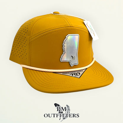 PM Outfitters Southern Miss Tailgate Season holographic vegan leather Mississippi state outline patch trucker hat Hattiesburg two-feather logo black mustard gold