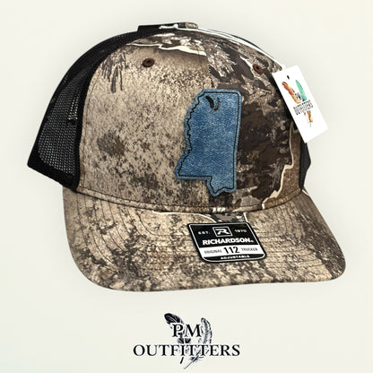 PM Outfitters Ole Miss Tailgate Season denim blue textured vegan leather patch Richardson 112 Realtree Excape camo trucker hat