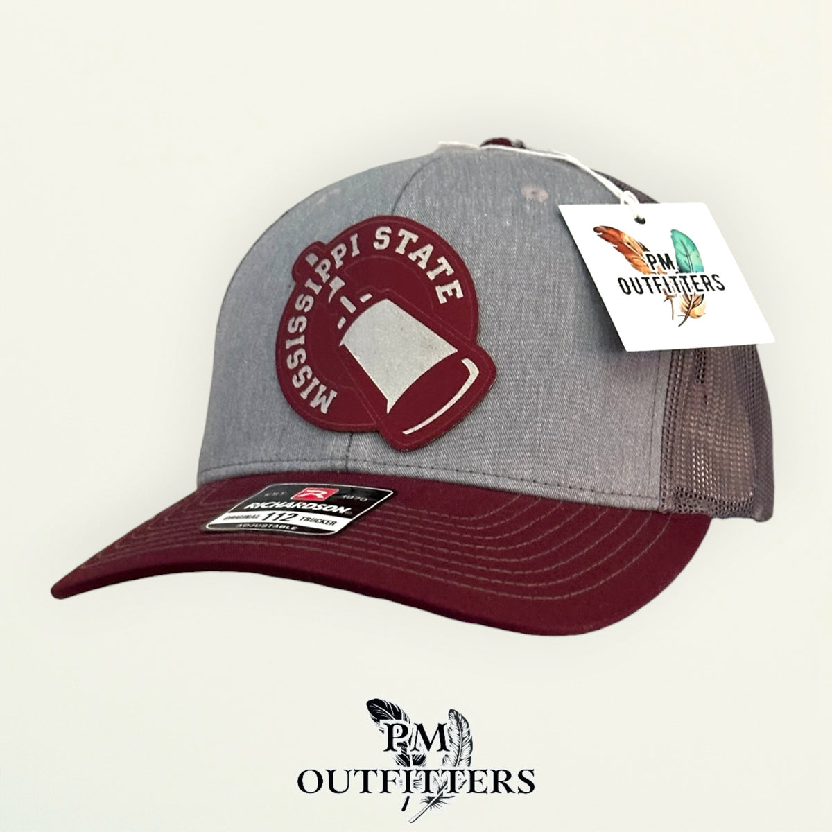 PM Outfitters Mississippi State cowbell laser engraved maroon vegan leather patch Richardson 112 gray maroon trucker hat