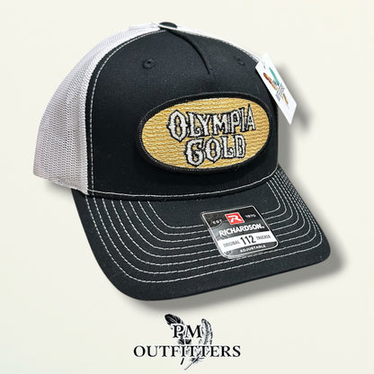 Olympia Gold Trucker Hat – PM Outfitters True Vintage Patch | Richardson 112 Black & White Brewery Heritage