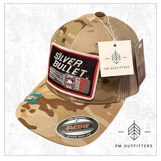 Vintage Coors Light Silver Bullet Embroidered Patch on FlexFit Camo Trucker Hat