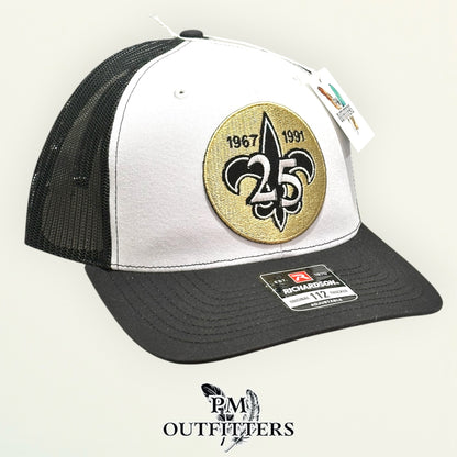 New Orleans Saints 25th Anniversary Trucker Hat | PM Outfitters Richardson 112 White & Black | Who Dat Fan Gear