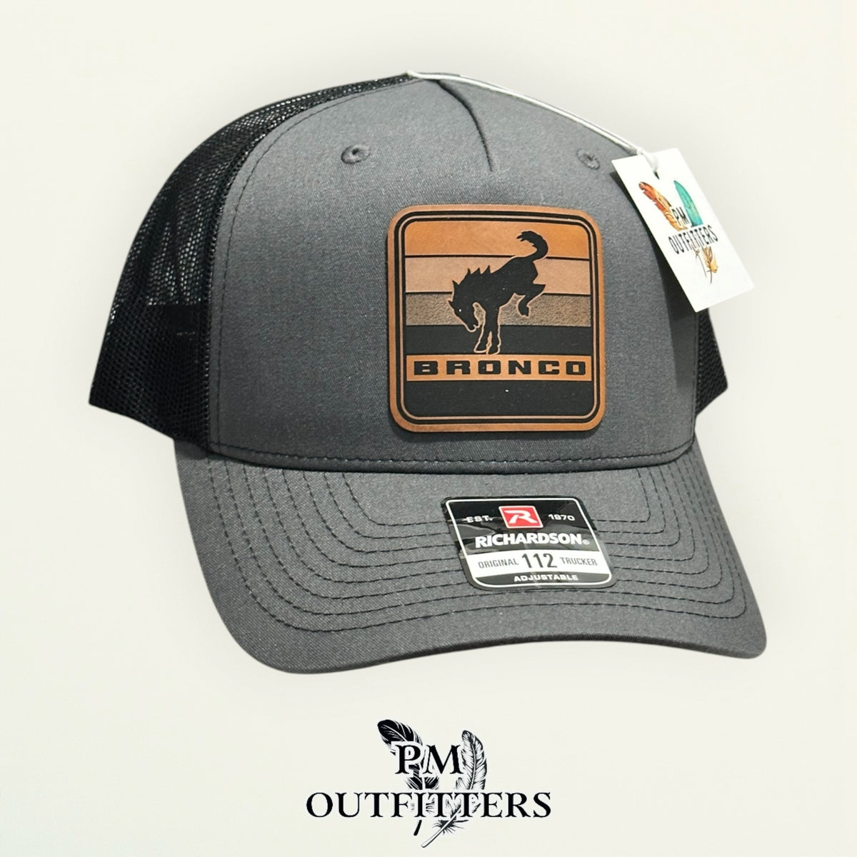 Bronco trucker hat profile view charcoal front black mesh