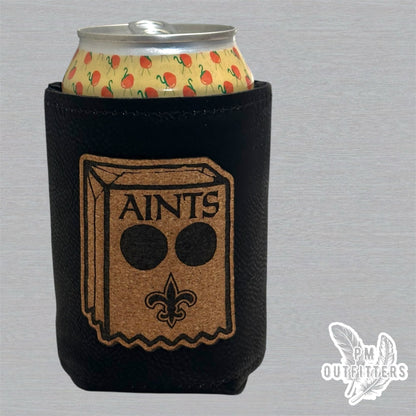 PM Outfitters Custom AINTS Bag Head Patch Black Leatherette Koozie